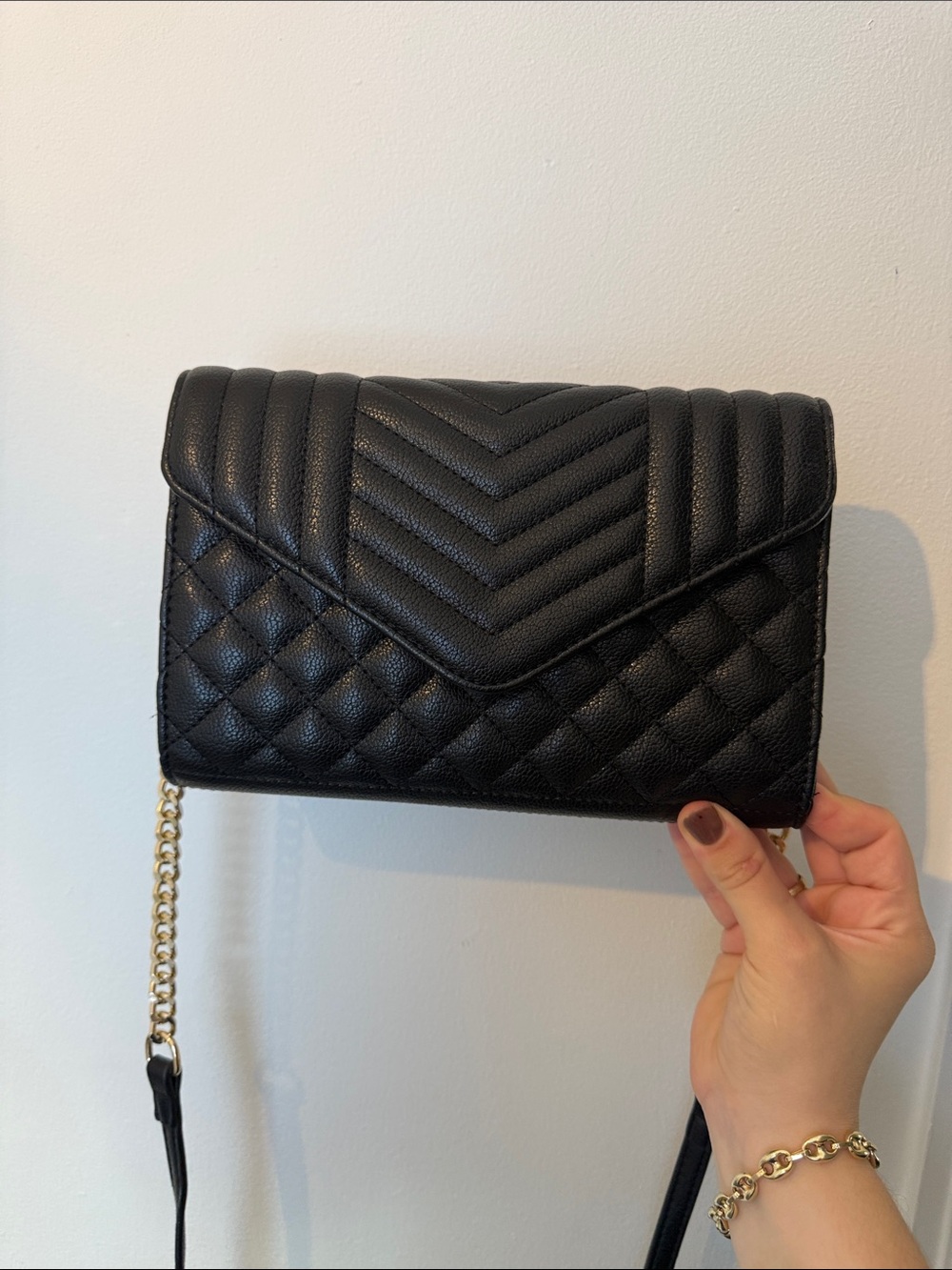 Madison West Black Quilted Crossbody with Gold Chain